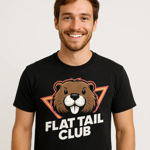 Close-up of the "Flat Tail Club" gold print on a premium Bella+Canvas black beavers shirts