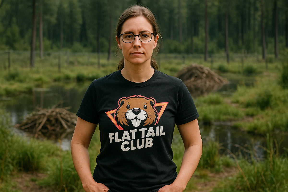 Lifestyle shot of the "Flat Tail Club" black beavers shirts in a real-world setting