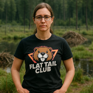 Lifestyle shot of the "Flat Tail Club" black beavers shirts in a real-world setting