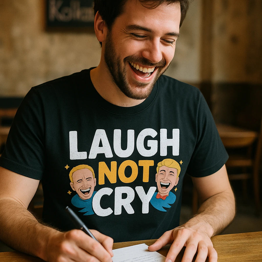 A smiling man with short dark hair and a beard, wearing a black T-shirt with the text "LAUGH NOT CRY" in white and yellow letters, along with cartoon images of laughing faces. He is sitting at a wooden table, writing on a piece of paper with a pen. The background is a blurred indoor setting with neutral-colored walls and some furniture.