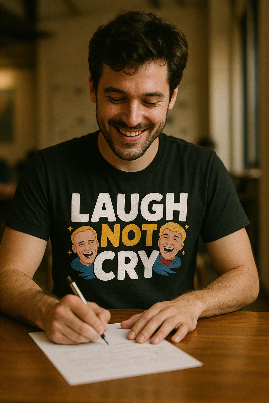 A person with dark hair and a beard is smiling while writing on a sheet of paper at a wooden table. They are wearing a black T-shirt with the text "LAUGH NOT CRY" and illustrations of two laughing cartoon faces. The background is softly blurred, suggesting an indoor setting.