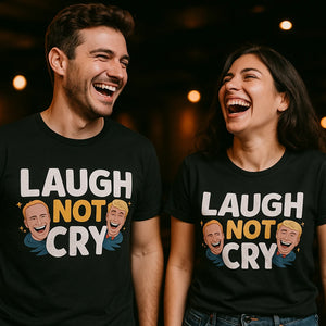 Person wearing the black comedy t shirt graphic tee - "Laugh Not Cry" design