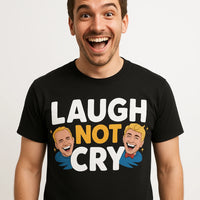 A person with an enthusiastic expression is wearing a black T-shirt with the text 