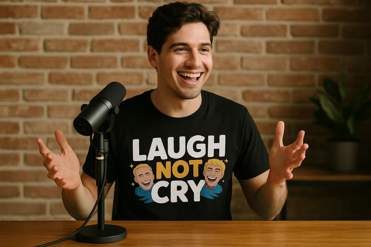 A person is sitting at a wooden table with a microphone. They are smiling and gesturing with their hands. They are wearing a black T-shirt with the text "LAUGH NOT CRY" and images of laughing faces. The background is a brick wall with a plant visible to the side.