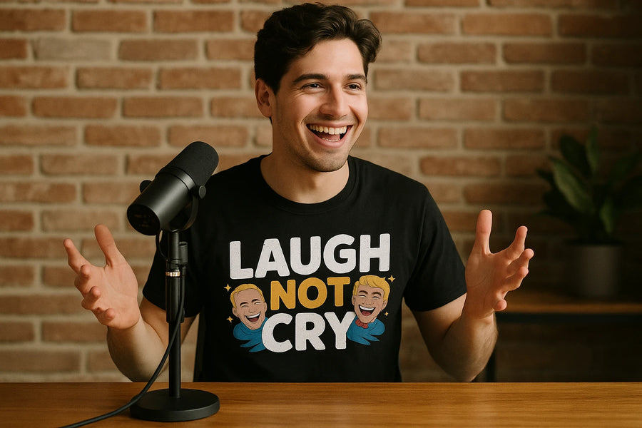 A person is sitting at a wooden table with a microphone. They are smiling and gesturing with their hands. They are wearing a black T-shirt with the text "LAUGH NOT CRY" and images of laughing faces. The background is a brick wall with a plant visible to the side.