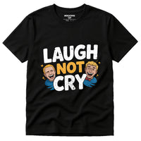 A black T-shirt with a graphic design featuring two cartoon faces of laughing men above the words 