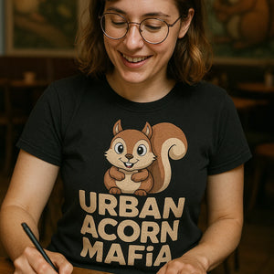 "Urban Acorn Mafia" black t shirt squirrel, photographed as unique gifts for squirrel lovers