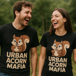 Person wearing the black t shirt squirrel graphic tee - "Urban Acorn Mafia" design