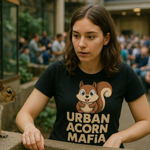 Lifestyle shot of the "Urban Acorn Mafia" black t shirt squirrel in a real-world setting