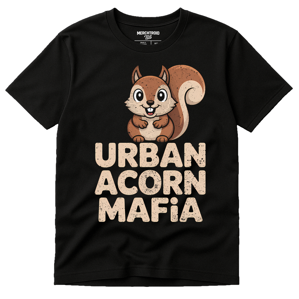 Black T Shirt Squirrel - "Urban Acorn Mafia" graphic tee with beige print, flat lay product photo