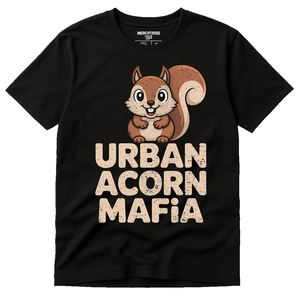 Black T Shirt Squirrel - "Urban Acorn Mafia" graphic tee with beige print, flat lay product photo