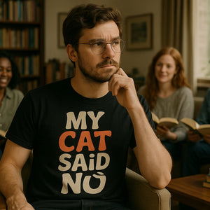 Lifestyle shot of the "My Cat Said No" black cat lovers t shirt in a real-world setting