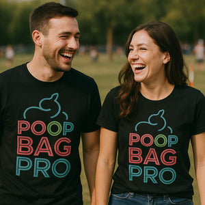 Person wearing the black dog lovers t shirt graphic tee - "Poop Bag Pro" design