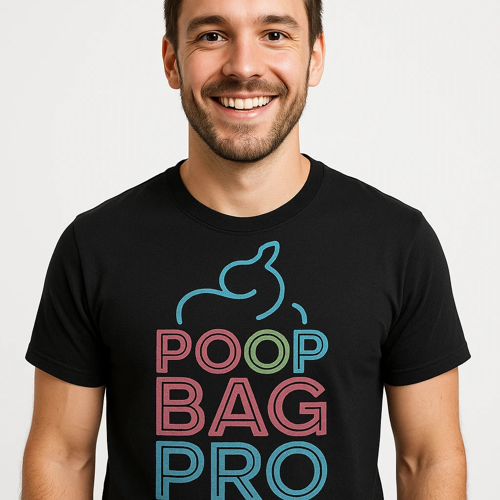 Close-up of the "Poop Bag Pro" teal print on a premium Bella+Canvas black dog lovers t shirt