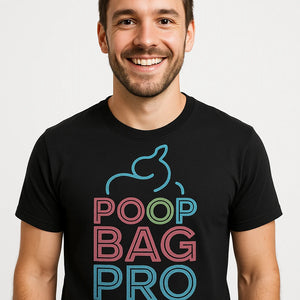 Close-up of the "Poop Bag Pro" teal print on a premium Bella+Canvas black dog lovers t shirt