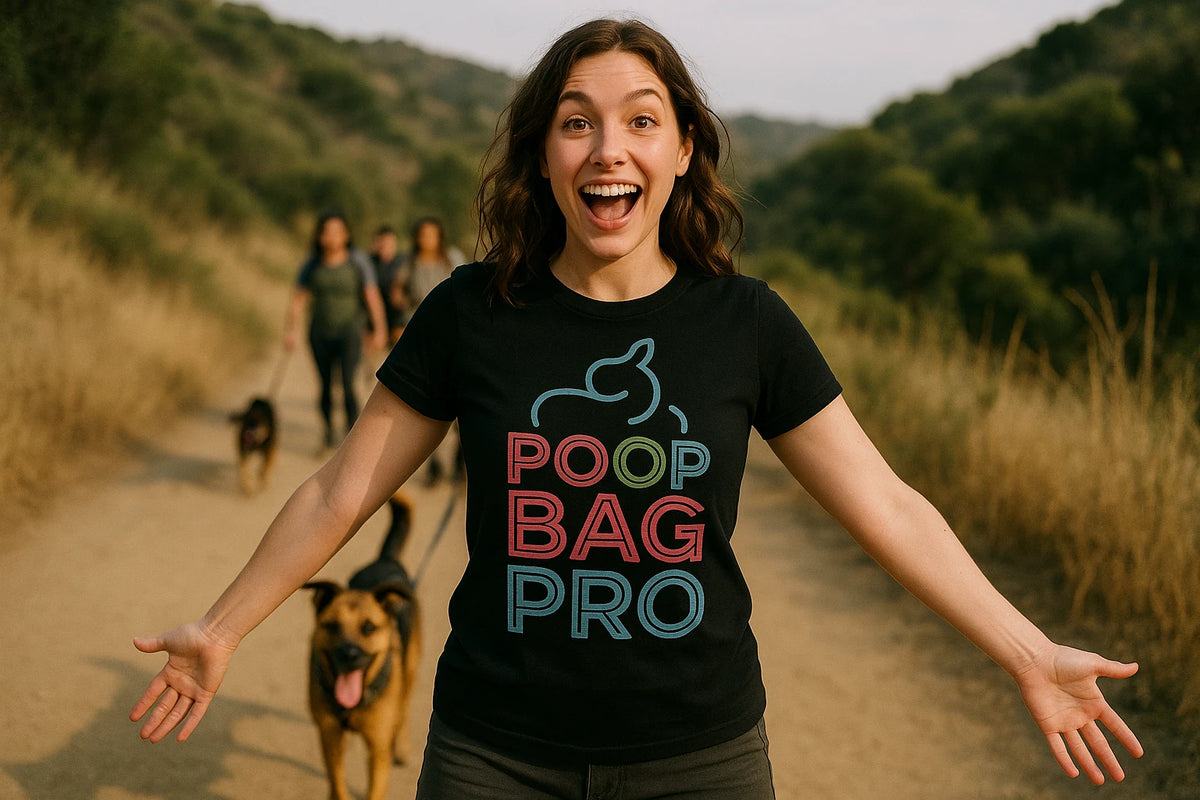 Lifestyle shot of the "Poop Bag Pro" black dog lovers t shirt in a real-world setting