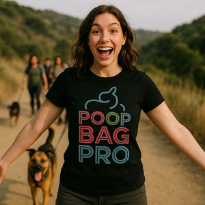 Lifestyle shot of the "Poop Bag Pro" black dog lovers t shirt in a real-world setting