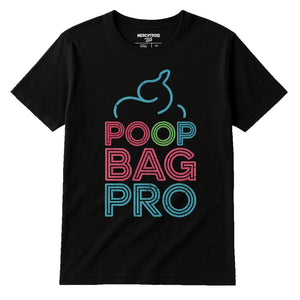 Black Dog Lovers T Shirt - "Poop Bag Pro" graphic tee with teal print, flat lay product photo