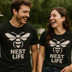 Person wearing the black hornets tee shirts graphic tee - "Nest Life" design