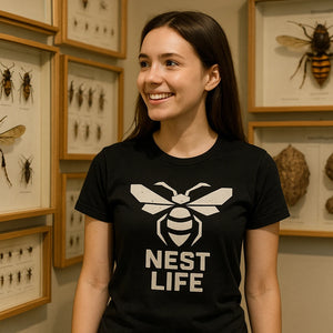 Lifestyle shot of the "Nest Life" black hornets tee shirts in a real-world setting