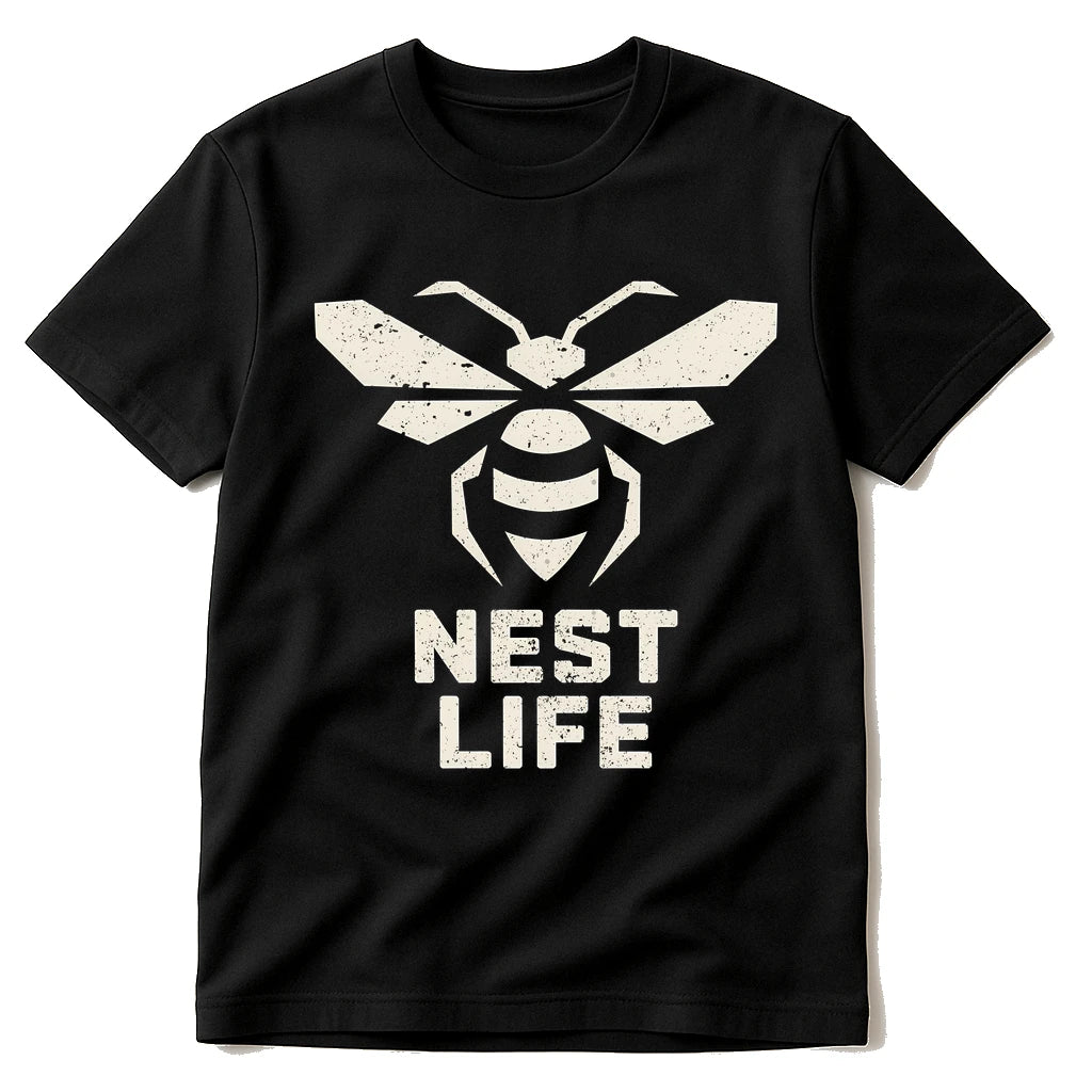 Black Hornets Tee Shirts - "Nest Life" graphic tee with cream print, flat lay product photo