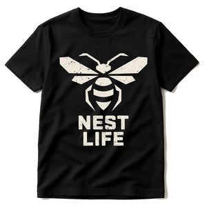 Black Hornets Tee Shirts - "Nest Life" graphic tee with cream print, flat lay product photo