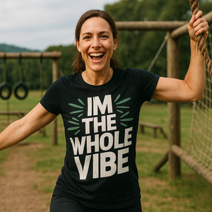 Lifestyle shot of the "Im the Whole Vibe" black growth mindset t shirt in a real-world setting