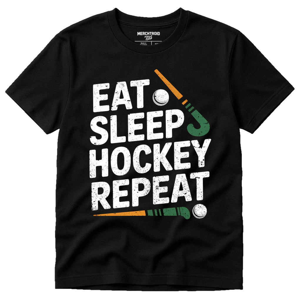 Black Field Hockey Tee Shirts - "Eat Sleep Hockey Repeat" graphic tee with white print, flat lay product photo