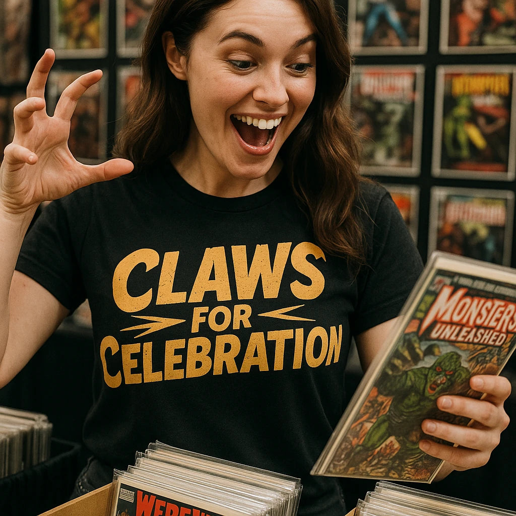 A person with long brown hair is wearing a black T-shirt with the text "Claws for Celebration" in bold yellow letters. They are excitedly holding a vintage comic book titled "Monsters Unleashed" while standing in front of a backdrop of comic books.