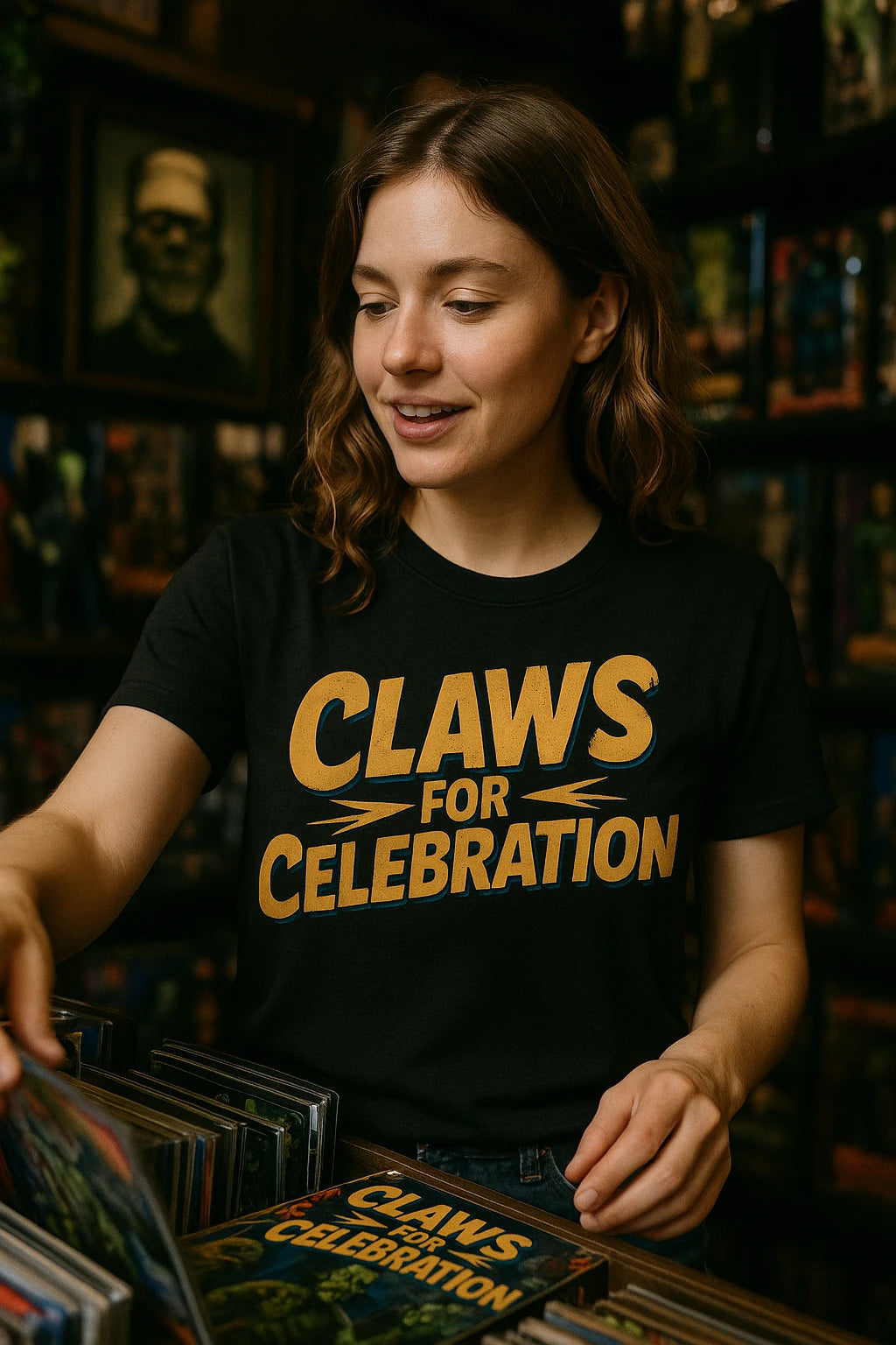 A person with long brown hair is in a store, looking down at vinyl records. They are wearing a black T-shirt with the text "CLAWS FOR CELEBRATION" in bold yellow letters. The background features shelves filled with records and artwork on the walls.