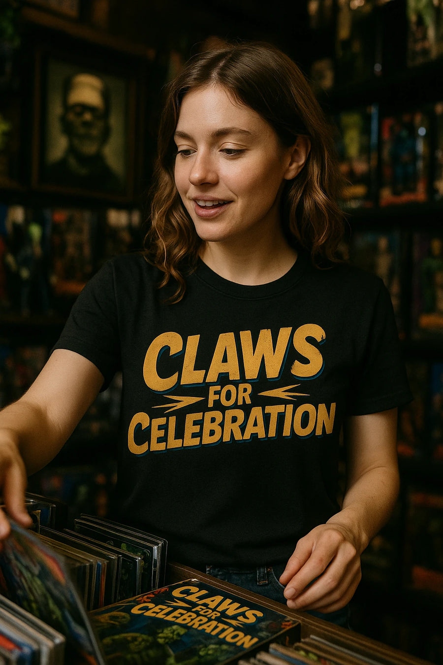 A person with long brown hair is in a store, looking down at vinyl records. They are wearing a black T-shirt with the text "CLAWS FOR CELEBRATION" in bold yellow letters. The background features shelves filled with records and artwork on the walls.