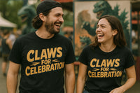 A man and a woman are standing side by side, both wearing black T-shirts with the same yellow text, 