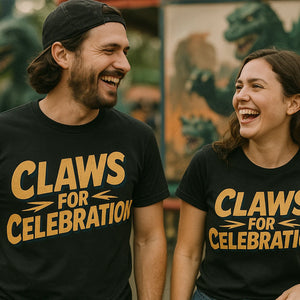 Person wearing the black monster t shirt graphic tee - "Claws for Celebration" design