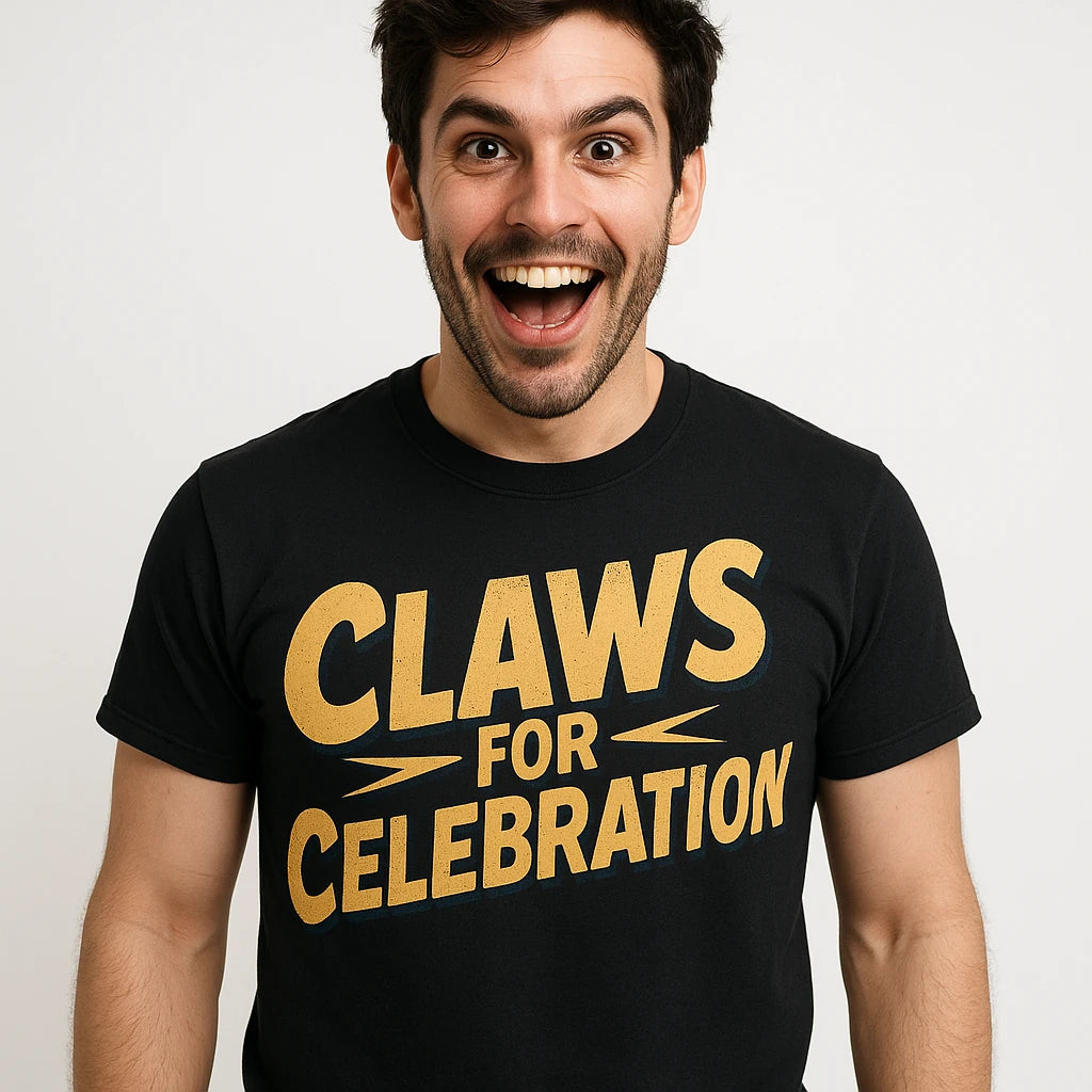 A person with dark hair and a beard is wearing a black t-shirt with the text "CLAWS FOR CELEBRATION" in bold yellow letters. They have an open-mouthed, excited expression, standing against a plain white background.