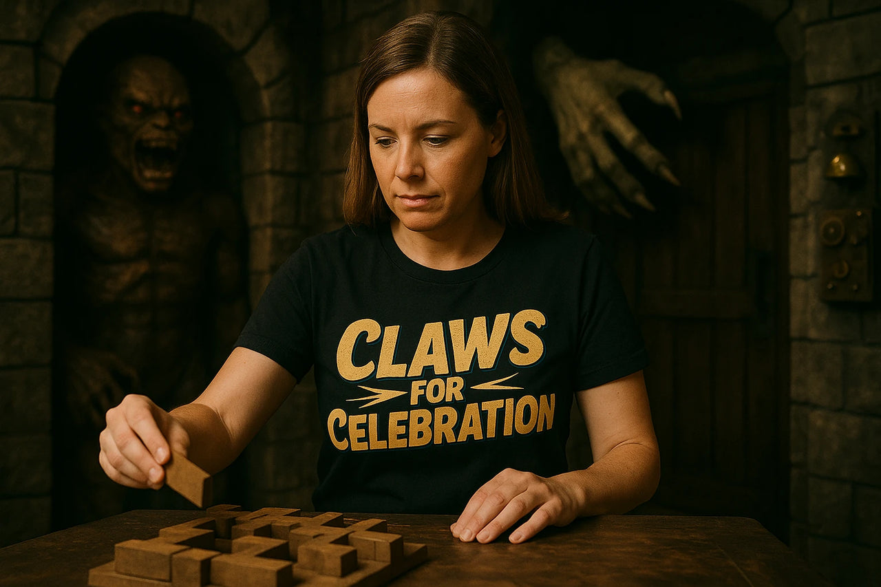 A woman with brown hair is focused on stacking wooden blocks on a table. She is wearing a black t-shirt with yellow text that reads "CLAWS FOR CELEBRATION." In the background, there is a dimly lit room with stone walls and a creature figure with glowing eyes, adding a mysterious atmosphere.