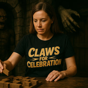 Lifestyle shot of the "Claws for Celebration" black monster t shirt in a real-world setting