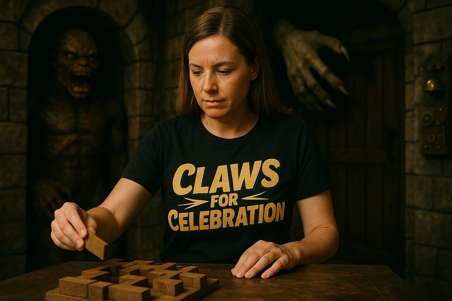 A woman with brown hair is focused on stacking wooden blocks on a table. She is wearing a black t-shirt with yellow text that reads "CLAWS FOR CELEBRATION." In the background, there is a dimly lit room with stone walls and a creature figure with glowing eyes, adding a mysterious atmosphere.