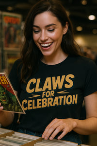 A person with long dark hair is smiling while looking at a comic book. They are wearing a black T-shirt with the text 