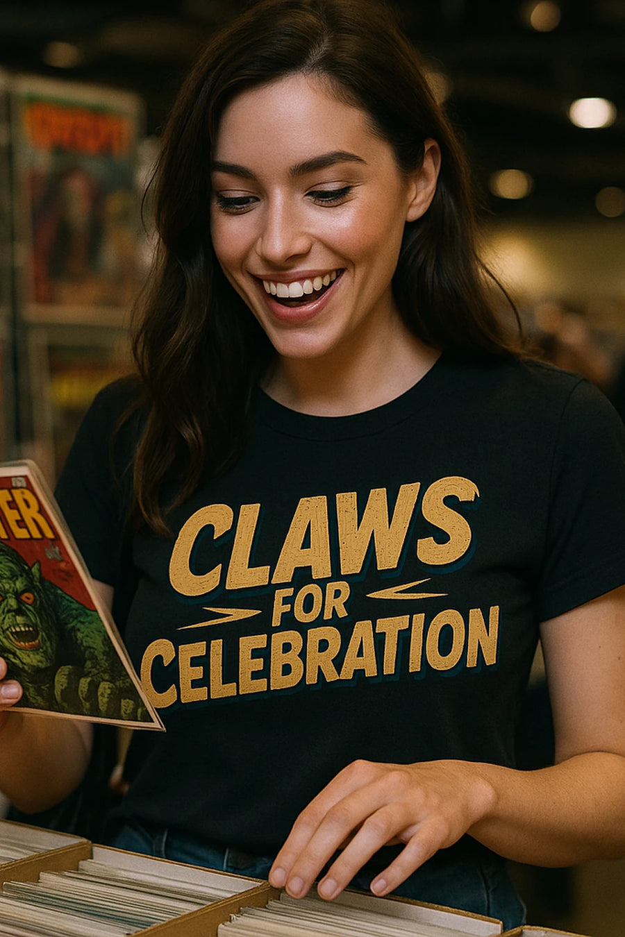 A person with long dark hair is smiling while looking at a comic book. They are wearing a black T-shirt with the text "CLAWS FOR CELEBRATION" in bold yellow letters. The background is filled with shelves displaying more comics.