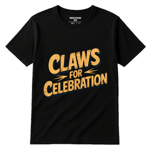 Black Monster T Shirt - "Claws for Celebration" graphic tee with gold print, flat lay product photo