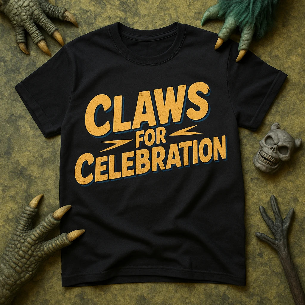 A black T-shirt with the text "CLAWS FOR CELEBRATION" in bold, yellow letters. The shirt is surrounded by various monster and dinosaur-like claws and a small skull.