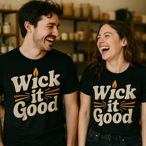 Person wearing the black soy candle making set graphic tee - "Wick It Good" design