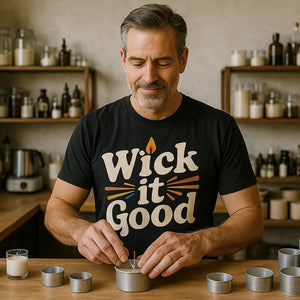 Lifestyle shot of the "Wick It Good" black soy candle making set in a real-world setting