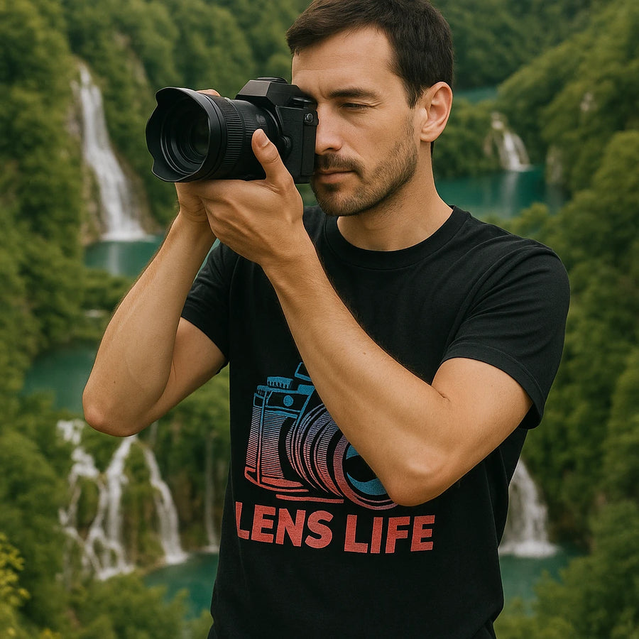 A person with short dark hair is holding a camera up to their face, taking a photo. They are wearing a black t-shirt with the words "LENS LIFE" and a graphic of a camera. In the background, there are lush green trees and a cascading waterfall.
