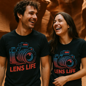 Person wearing the black photographers shirts graphic tee - "Lens Life" design