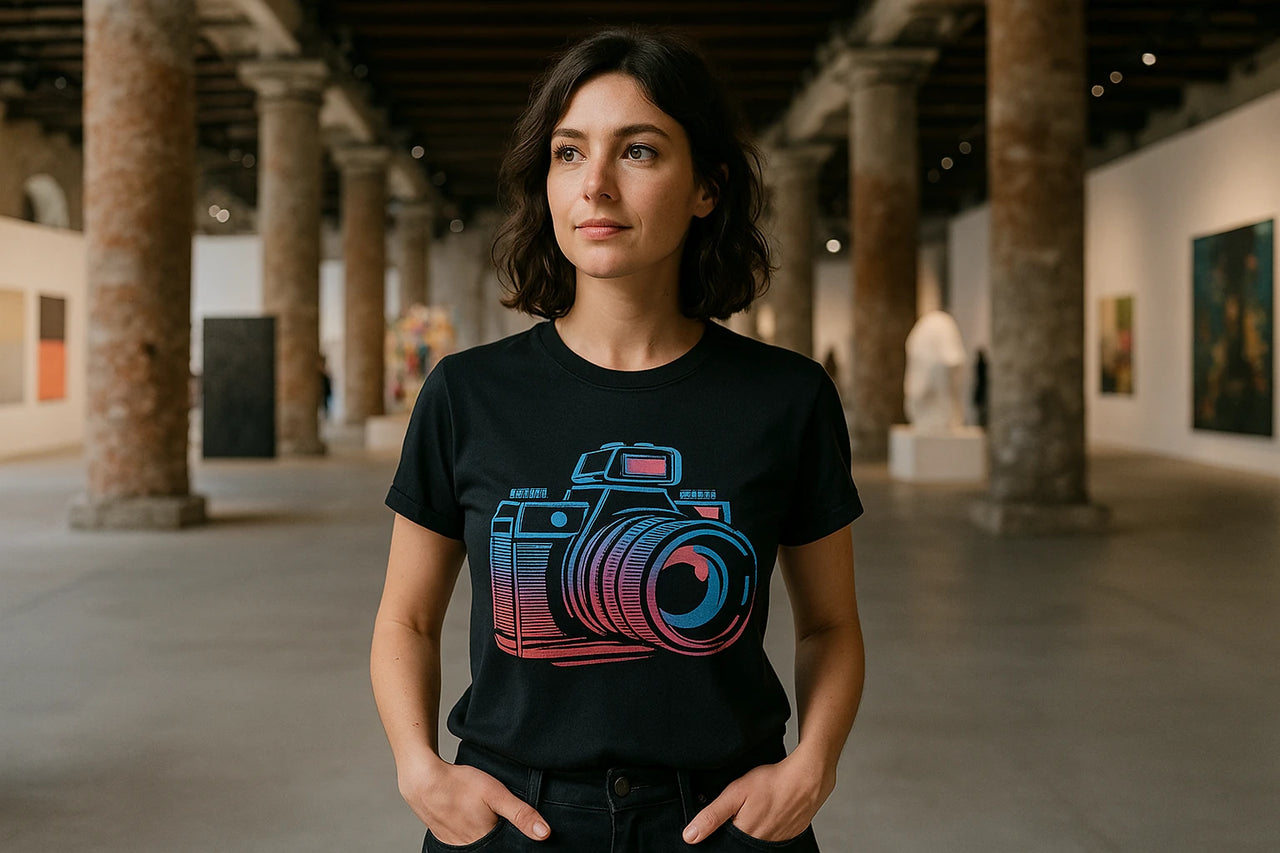 A person with short brown hair wearing a black T-shirt featuring a large, stylized graphic of a camera in blue and red tones. They are standing in a gallery space with tall stone columns and artwork visible in the background.