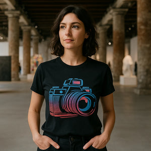 Lifestyle shot of the "Lens Life" black photographers shirts in a real-world setting