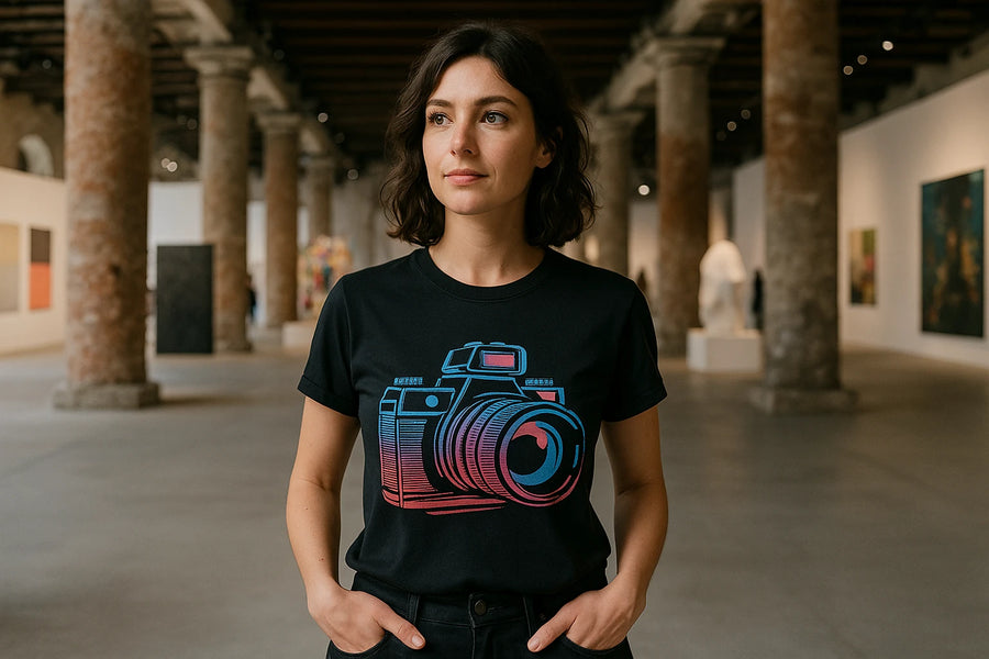 A person with short brown hair wearing a black T-shirt featuring a large, stylized graphic of a camera in blue and red tones. They are standing in a gallery space with tall stone columns and artwork visible in the background.