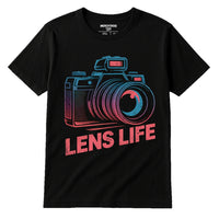 A black t-shirt with a colorful graphic of a vintage camera. The words 