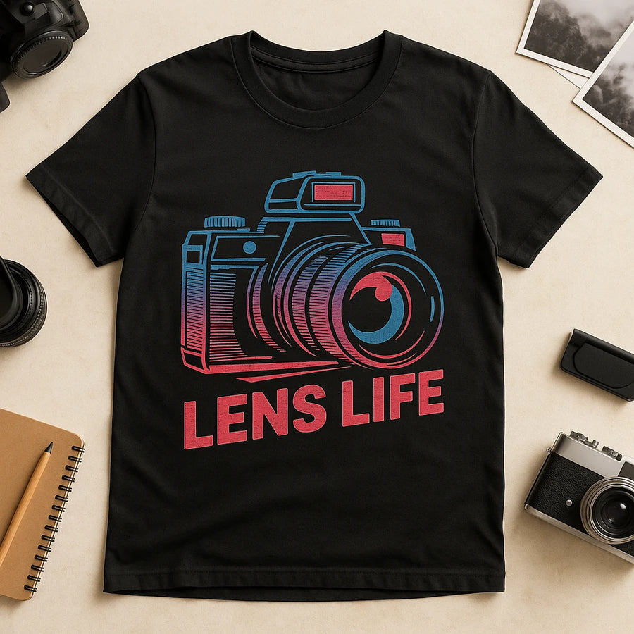 A black T-shirt featuring a colorful graphic of a camera above the text "LENS LIFE." The shirt is surrounded by photography-related items including a notebook, cameras, camera lens, and photos on a light-colored surface.